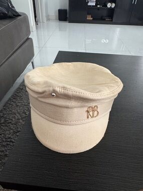 Beige Baker Boy Hat with Gold Monogram Accent